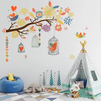 Farebné pobočky klietku Stenu, Nálepky, obývacia izba, spálňa domáce dekorácie deti izby umenie obtlačky tapety Tvorivé Nálepky