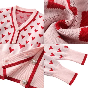 2021 Jeseň Pletený Sveter Ženy Ružová Japonskom Štýle Patchwork Outwear Kawaii Sveter Sladká Láska Srdce Tvaru Teplé Farebné Kábliky