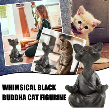 Rozmarný Black Buddha Mačka Figúrka Meditácia, Jóga Zberateľskú Happy Cat Dekor