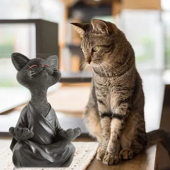 Rozmarný Black Buddha Mačka Figúrka Meditácia, Jóga Zberateľskú Happy Cat Dekor