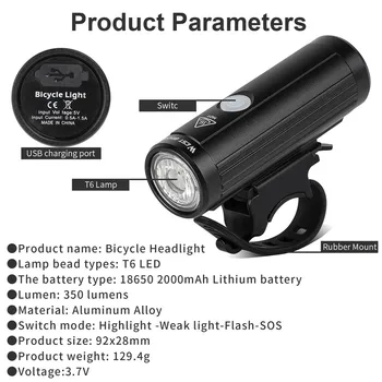 ZÁPAD CYKLISTIKA 2000mAh 350LM Svetlo na Bicykel Vodotesný, Anti-glare MTB Bicykel Lampa USB Nabíjateľné LED Cyklistické predné svetlo zadné svetlo