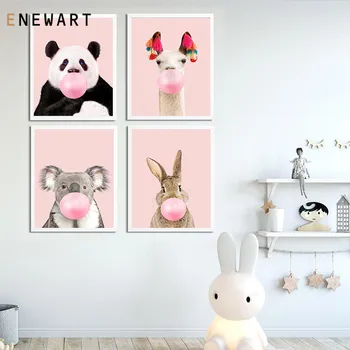 Ružová Bublina Bunny Panda Obrázok Roztomilý Zvierat Škôlky Múr Umenia Plagátu Plátno Tlačiť Maľovanie Nordic Dieťa Spálne Dekorácie
