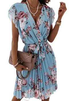 Elegantné Prehrabať Boho Kvetinové Šaty Letné Ženy Krátke Rukáv V Krku Pás Midi Party Šaty 2021 Fashion Street Oblečenie Vestidos