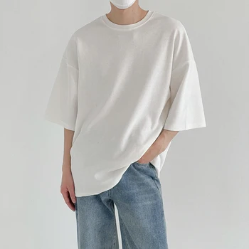 IEFB Farbou Polovičný Rukáv pánske Voľné Kolo Krku Biele tričko 2021 Nové Letné Bežné Jednoduché Topy Základné kórejský Trend Oblečenie