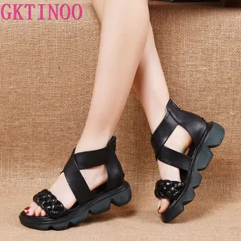 GKTINOO Ženy Gladiator Sandále Letné Topánky Ženy Kliny Platformu Sandále Retro Originálne Kožené Predné Zips Bežné Sandále