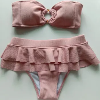 Ružová roztomilý princezná štýl bikini set uzáver rozstrapatené nohavičky plavky, 2-dielna sada dievča žakárové split plavky, bikiny bandeau
