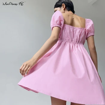 Mnealways18 Lístkového Rukáv Dámske Skladaný Šaty Ružové Romantické Námestie Golier Mini Šaty Letné Sladké Dámy Party Šaty S Čipkou-Up