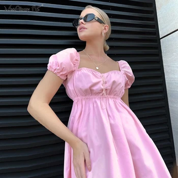 Mnealways18 Lístkového Rukáv Dámske Skladaný Šaty Ružové Romantické Námestie Golier Mini Šaty Letné Sladké Dámy Party Šaty S Čipkou-Up