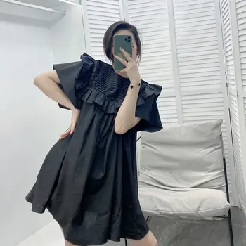 Mini Krátke Šaty Žien 2021 Lete Krátky Rukáv Řasnice Rozstrapatené Voľné Lístkového Bavlnené Šaty Kórejský Elegantný Dizajn Jednofarebné Oblečenie