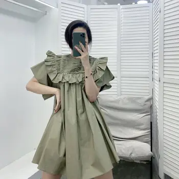 Mini Krátke Šaty Žien 2021 Lete Krátky Rukáv Řasnice Rozstrapatené Voľné Lístkového Bavlnené Šaty Kórejský Elegantný Dizajn Jednofarebné Oblečenie