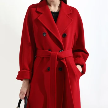 2020 Jeseň Ženy Náter Farbou Dvojité Breasted Strednej Dĺžky S Pásom Kabát Zimný Voľné Bežné Plus Veľkosť Žena Outwear