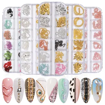 1 Box Nail Art Decoration Zmiešať Pearl Metal Reťazca Stud Kaviárové Perly Šperky 3D Zliatiny Flatback Drahokamu Manikúra DIY Dekor