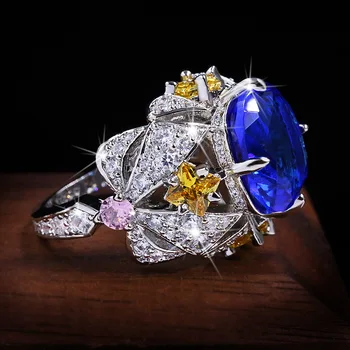 Vintage Šperky, Luxusné Veľké Sapphire 925 Sterling Silver Krúžky pre Ženy Elegantná Kvetina Zapojenie Svadobné Kapela Výročie Krúžky