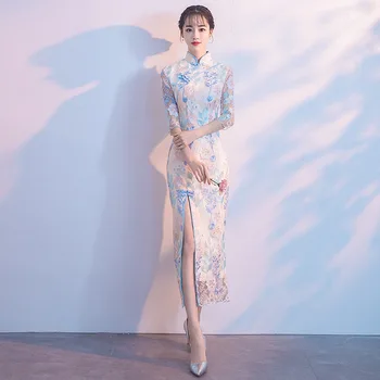 Modrá Sladké Kvetinové Výšivky Cheongsam Žena Elegantné Spoločenské Šaty Temperament Novinka Formálnej Strany Šaty Nádherné Qipao