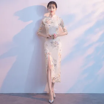 Modrá Sladké Kvetinové Výšivky Cheongsam Žena Elegantné Spoločenské Šaty Temperament Novinka Formálnej Strany Šaty Nádherné Qipao