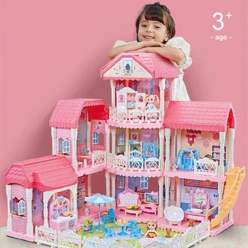 Princezná Veľké Villa DIY Dollhouses Auta Ružový Hrad) Play Dom So šmýkačkou Dvore Auta Zmontované Doll House Hračky Predstierať, že Hrať Hračky