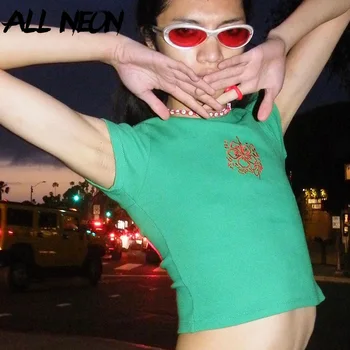 ALLNeon Y2K Módne Kvetinové Výšivky Zelená 2 Kus Vyhovuje 90. rokov Streetwear Krátky Rukáv T-shirts Vystrihnúť Mini Sukne Co-ord Sady