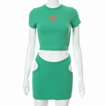 ALLNeon Y2K Módne Kvetinové Výšivky Zelená 2 Kus Vyhovuje 90. rokov Streetwear Krátky Rukáv T-shirts Vystrihnúť Mini Sukne Co-ord Sady