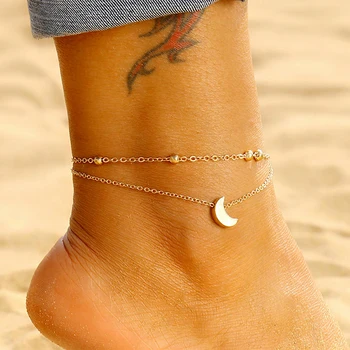 Mesiac Náramok ponožky pre ženy, zlatá Farba Žena Sandále Naboso Noha Nohu Reťazca Náramky Pláži Šperky Double LAYER
