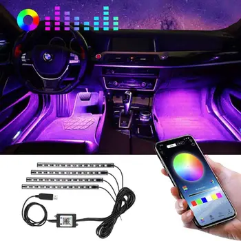 Auto Automobilový priemysel Led Osvetlenie Interiéru Okolia Noha Lampy 4Pcs 48 Led RGB Pásy USB Port Phone DIY Farby, Dekoratívne Svetlo Bar