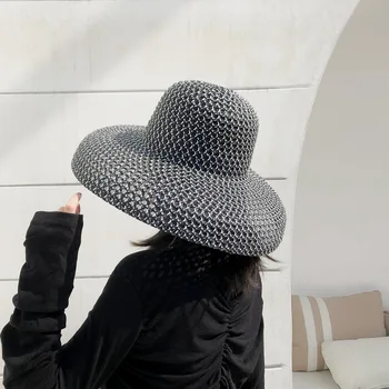 Letné PP čierna a biela slamený klobúk slnko klobúk opaľovací krém dovolenku prímorské pláže veľký okraj letné slnko klobúk slnko klobúk