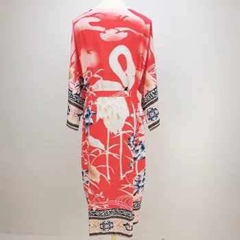 2021 Oranžová Červená Spodnej Žeriav Kvet Červený Kvet Kimono Opaľovací Krém Cardigan Šifón Blúzka S Retro Tlač Voľné Dlhý Sveter