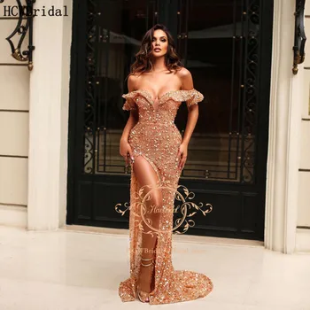 Luxusné Arabčina Večerné Šaty Rameno Vysokej Štrbinou Očarujúce Gold Crystal Formálne Šaty Pre Ženy Prom Šaty Prispôsobiť