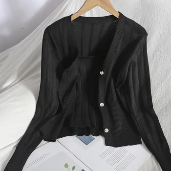 Kimutomo Ženy Sady 2021 Jarné Oblečenie Slim tvaru Dlhý Rukáv Cardigan + Solid Farba Závesu Pletené Top Dvoch-dielny Oblek Príčinné