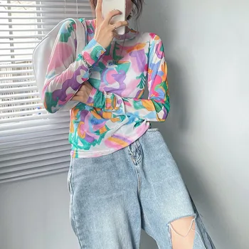 Yedinas Japonský Štýl Y2k Estetické Oka Topy Vidieť Cez Priesvitné Dlhý Rukáv T Košele Ženy Tie Dye Art Print Streetwear