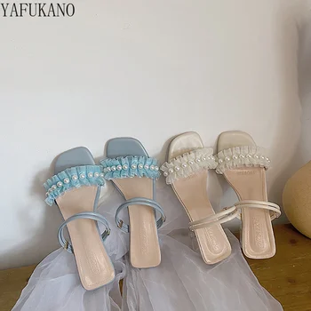 Elegantné Sladké Čipky Prehrabať Ženy Sandále Crystal Clear Námestie Mid-Náklon Vysoké Podpätky Módny Reťazec Perličiek Pearl Papuče Strany Listov