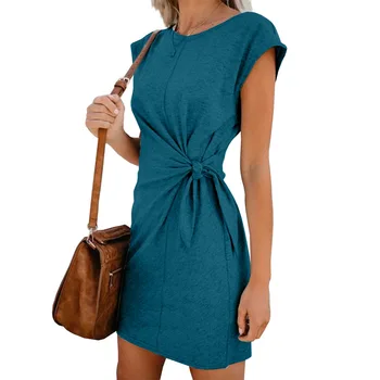 STYUNI kolo krku voľné-krátke rukávy popruh šaty mestskej bežné jednofarebné šaty pohodlné slim letné dámske šaty