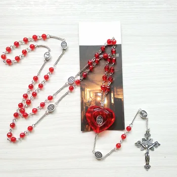 2021 Nové Kresťanské Ježiš Červené Srdce Ruženec Korálky Cross Prívesok Náhrdelník Viorgin Mária Drop Visí Šperky, Darček Pre Mužov, Ženy