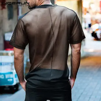 Muži móda Tričko Oka Transparentné O Krk Streetwear 2021 Krátky Rukáv Bežné Tee Topy Sexy Priedušné Vrecká Camisetas S-5XL
