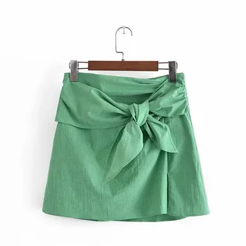2021 Za Sukne Ženy Vintage Luk Vysoký Pás Zelená Mini Sukne Módne Bočné Zip Žena Elegantné Bavlna Letné Sukne