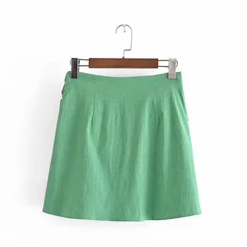 2021 Za Sukne Ženy Vintage Luk Vysoký Pás Zelená Mini Sukne Módne Bočné Zip Žena Elegantné Bavlna Letné Sukne