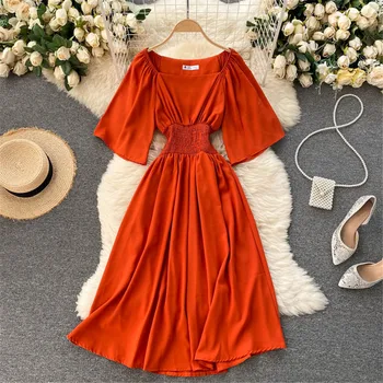 Ženy Francúzskeho Červeného Letné Šaty 2021 Módne Vintage Štíhly Vysoký Pás Krátky Rukáv Midi Šaty, Elastické Party Šaty Žena Sundress