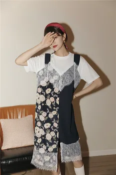 Originálne retro falošné dvoch-dielny asymetrický kvetinové šaty letné krátke-voľné rukávy T-shirt dress bežné čipky, šitie šiat
