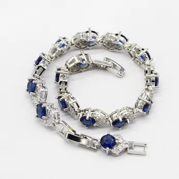 Dark Blue Sapphire 925 Silver Šperky Sady Pre Ženy Hoop Náušnice, Náramok, Prstene Náhrdelník Prívesok Darček K Narodeninám