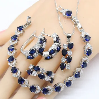 Dark Blue Sapphire 925 Silver Šperky Sady Pre Ženy Hoop Náušnice, Náramok, Prstene Náhrdelník Prívesok Darček K Narodeninám