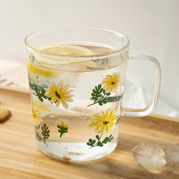Žltá daisy s rukoväť sklenené šálky kávy iny vietor odrazové sklo vintage tepelne-odolné mlieko raňajky poháre hrnček drinkware