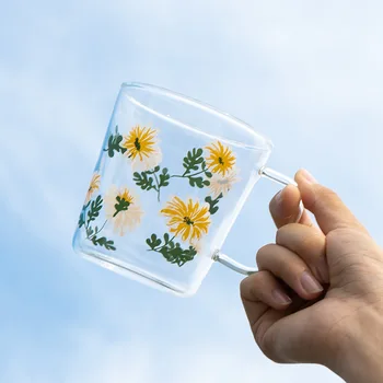 Žltá daisy s rukoväť sklenené šálky kávy iny vietor odrazové sklo vintage tepelne-odolné mlieko raňajky poháre hrnček drinkware