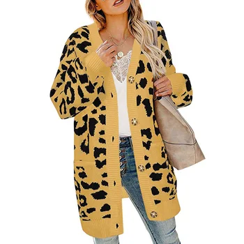 Vrecká Dlhé Svetre Žena Vytlačené Zvierat Leopard Dlhý Rukáv Bežné Zimné Vesty Outwear Dámske Jeseň Pletený Sveter