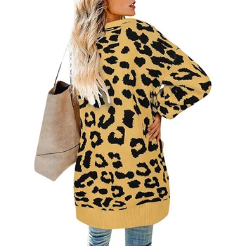 Vrecká Dlhé Svetre Žena Vytlačené Zvierat Leopard Dlhý Rukáv Bežné Zimné Vesty Outwear Dámske Jeseň Pletený Sveter