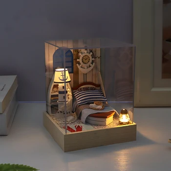 DIY Drevený domček pre bábiky Miniatúrne Nábytok Zostavy Maják so Svetlom Zmontované 3D Model Mora Casa Doll House pre Dospelých Dary