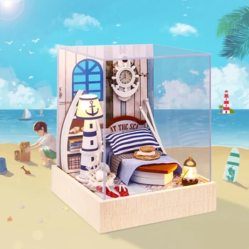 DIY Drevený domček pre bábiky Miniatúrne Nábytok Zostavy Maják so Svetlom Zmontované 3D Model Mora Casa Doll House pre Dospelých Dary