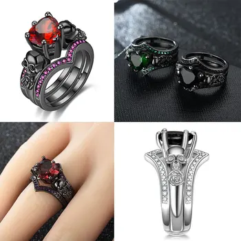 Gotický Lebky Prst čierna žena snubné prstene set Pre Ženy, Dievča, Červené Srdce Crystal CZ Rose Šperky Darček Dropshipping