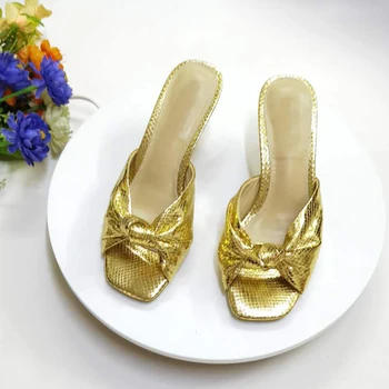 Zlaté Kožené Papuče Ženy Típat Prst Motýľ Uzol Podivné Vysokom Podpätku Topánky Ženu Sexy Tkaných Sandále