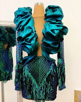 2021 Lesk Zelená Sequin Morská víla Prom Šaty Dlhé Rukávy Volánikmi tvaru Afriky Večerné Šaty Elegantné Krátke Formálne Gala Šaty