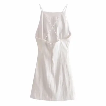 2021 Nové Letné Ženy Vintage Módy Bavlna Biele Šaty Žena Sexy Bežné Strany Námestia Krku Šaty Backless Mini Šaty