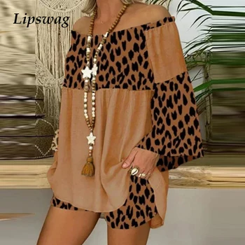 Vintage Leopard Patchwork Ženy Dve Dielna Sada Bežné Mimo Ramenný Topy A Šortky oblečenie pre voľný čas Elegantné Dámy 2021 Lete Streetwear